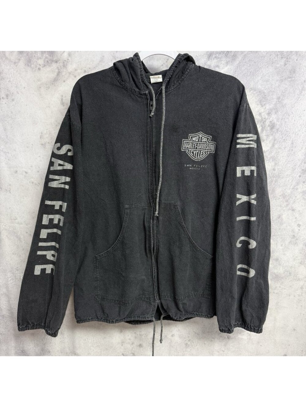 Vintage Harley Davidson San Felipe Mexico Hoodie Mens Medium Black Full Zip Y2K